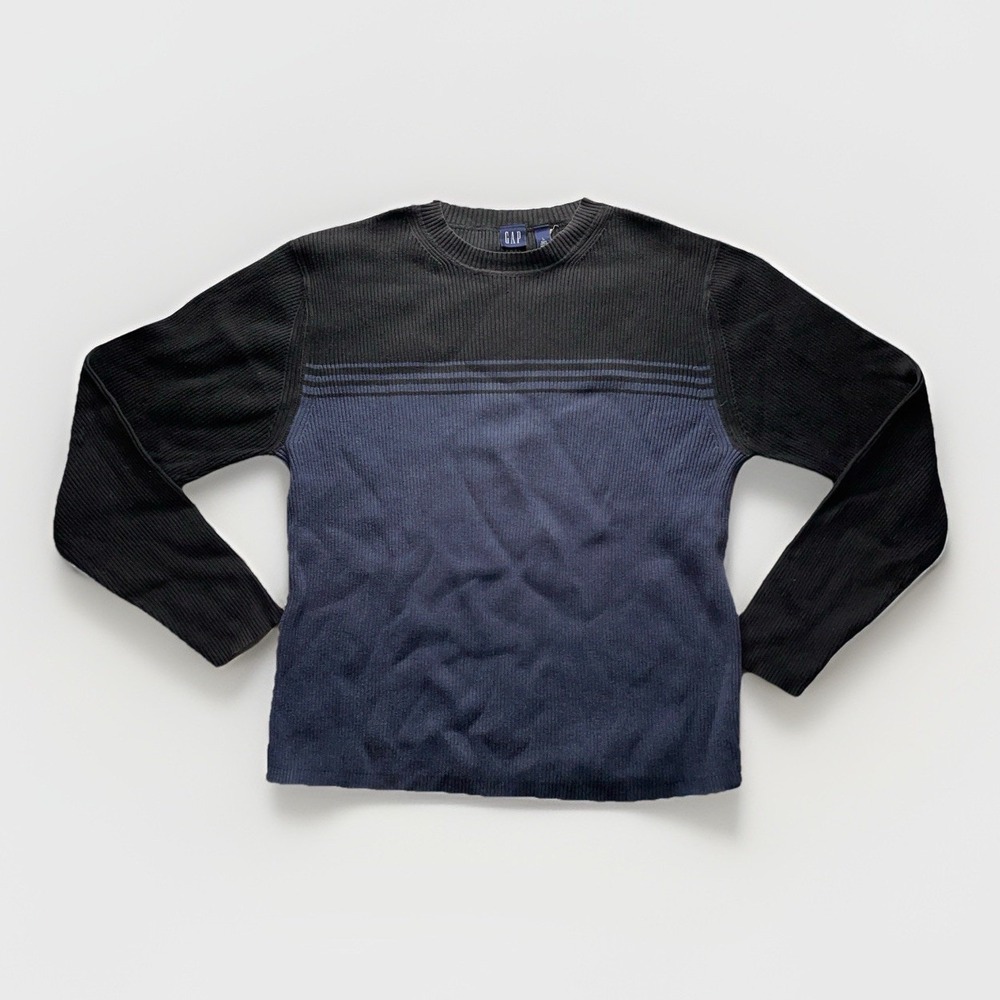 Vintage Gap Sweater Ribbed Cotton Crewneck Long Sleeve Pullover Blue Black Y2k L